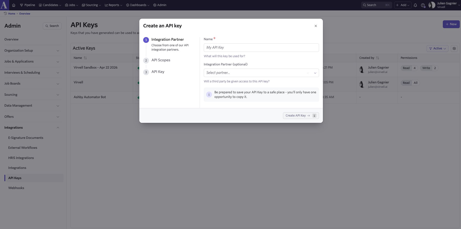 The Create API Key dialog.