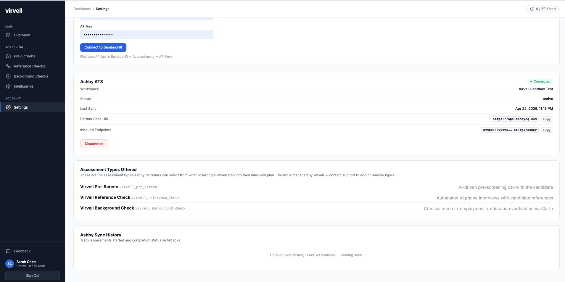 Virvell Settings showing the Ashby connection active with all three assessment types.